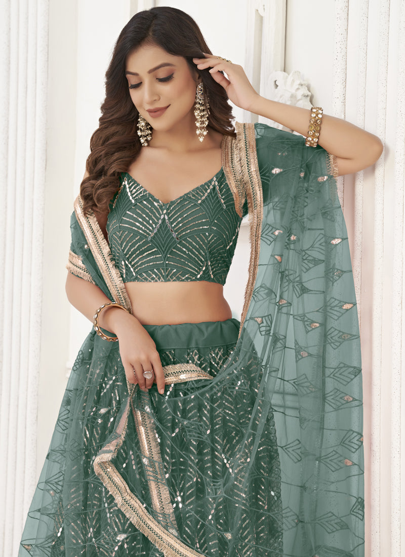 Vegaa Fashion Green Butterfly Net Embroidery Sequins Designer Lehenga - Swadesiicart
