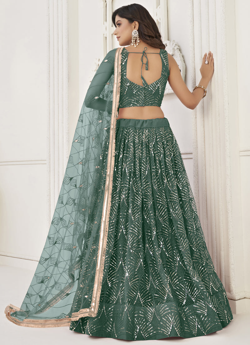 Vegaa Fashion Green Butterfly Net Embroidery Sequins Designer Lehenga - Swadesiicart