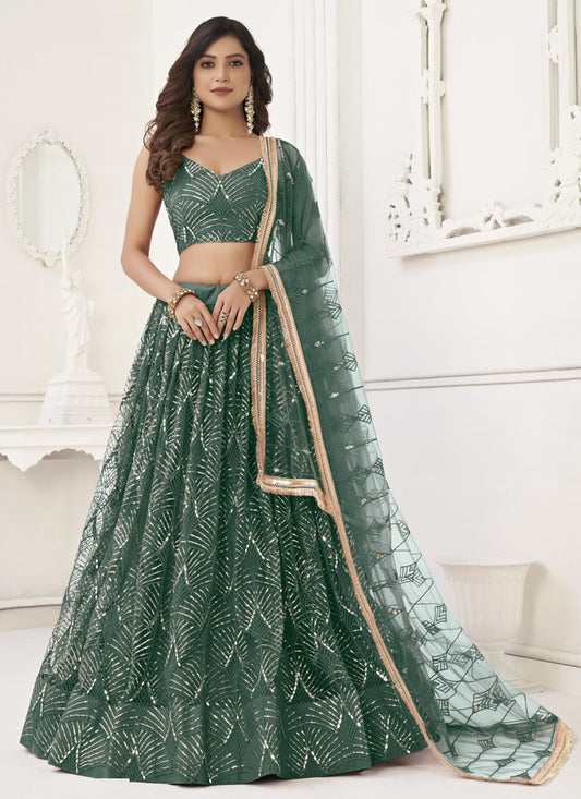 Vegaa Fashion Green Butterfly Net Embroidery Sequins Designer Lehenga - Swadesiicart
