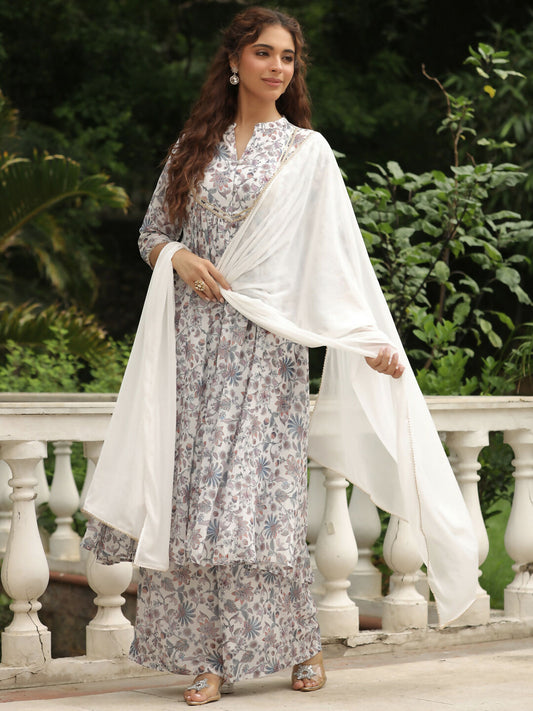 Janasya White Georgette Floral Kurta,Bottom & Dupatta | Swadesiicart