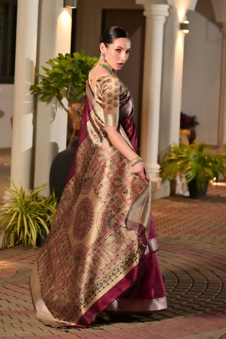 Vishnu Weaves Women's Maroon Soft Tussar Silk Printed Saree with Blouse - Swadesiicart