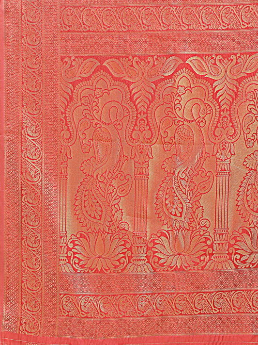 Astita Banarasi Silk Cream & Red Saree | Swadesiicart