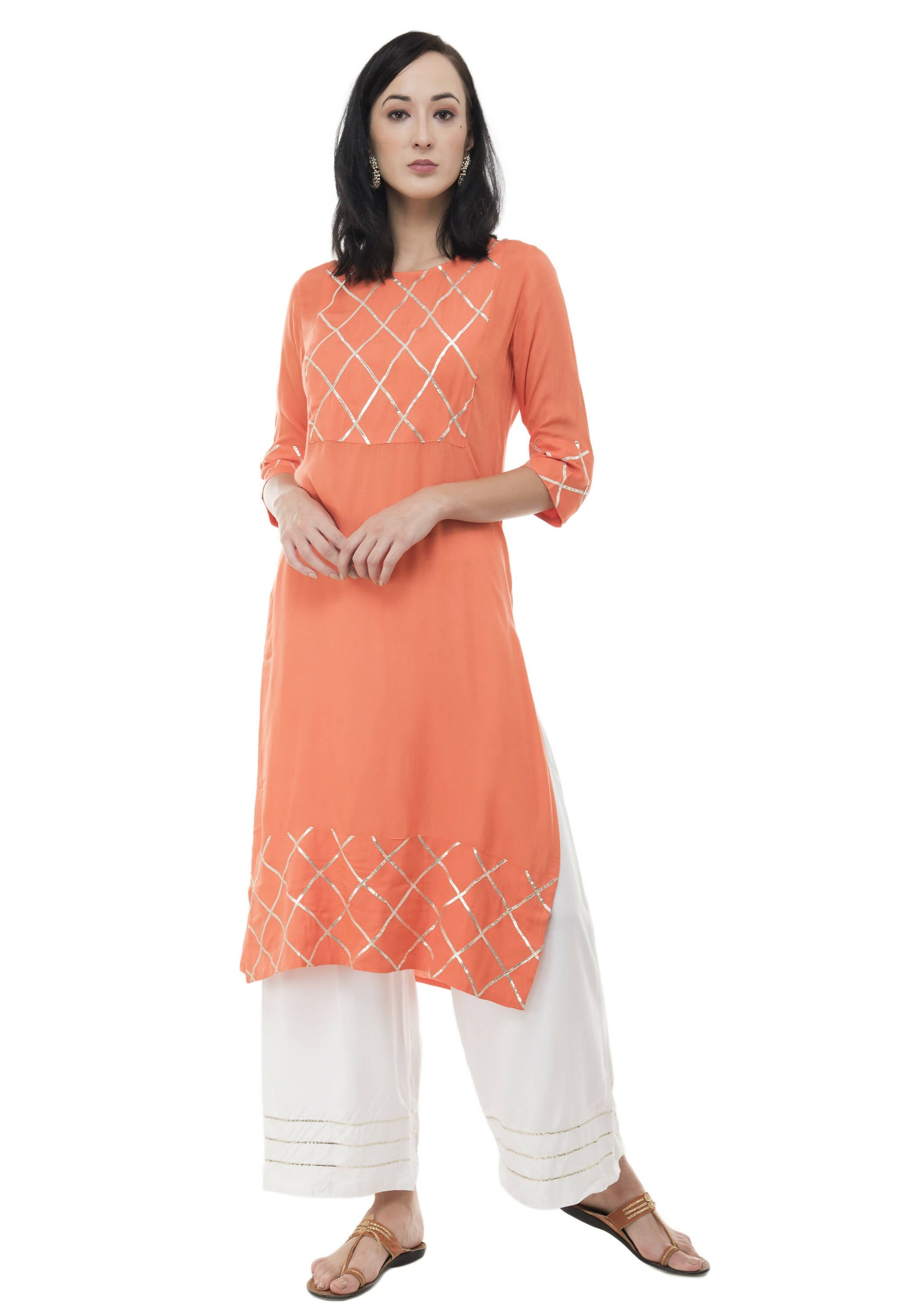 Women's Peach Kurti With Gota Work At Front, With Plain Palazzo - G & A Apparels | Swadesiicart