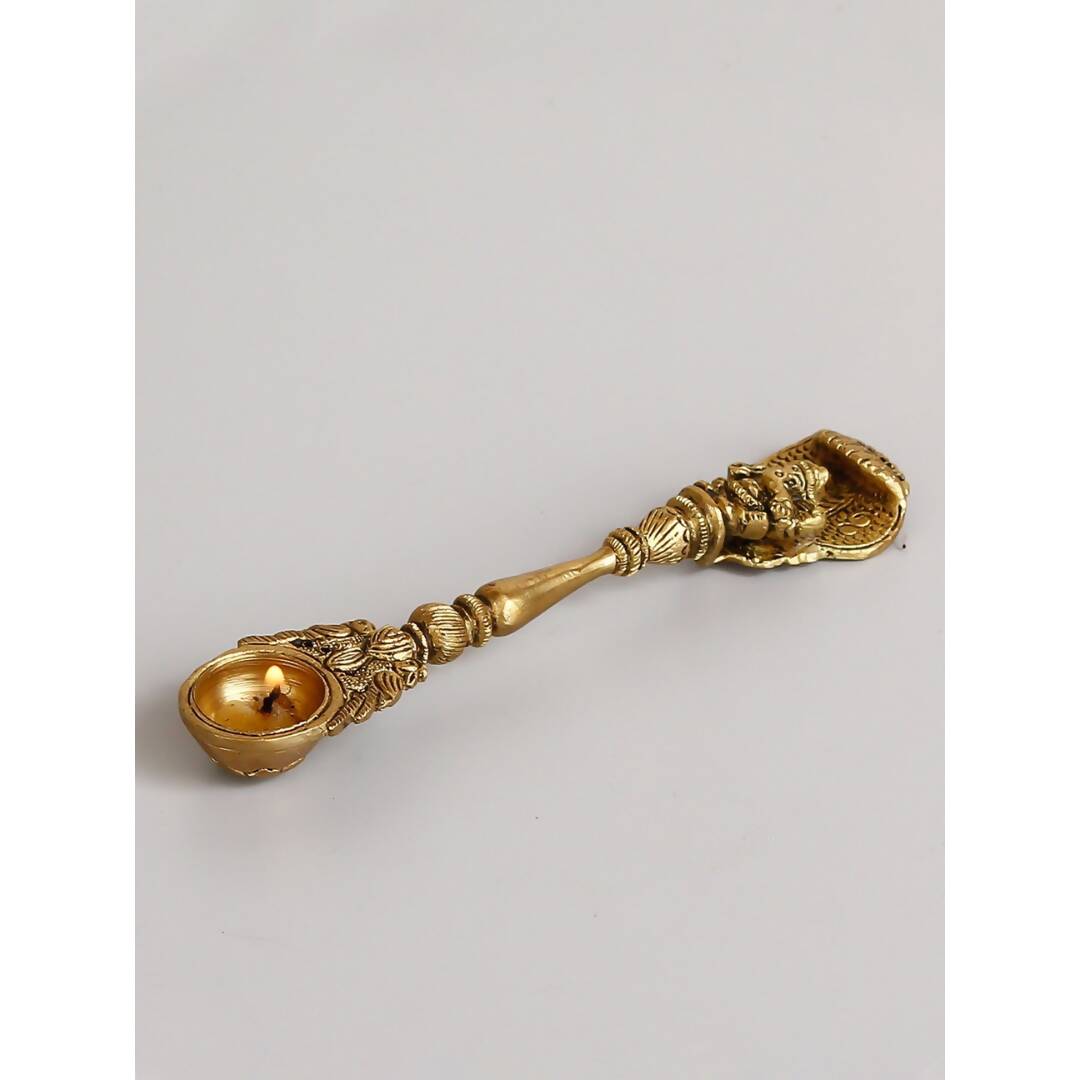 eCraftIndia Gold-Toned Ethnic Carved Brass Long Stick Diya with 1 Wick for Pooja Room | Swadesiicart