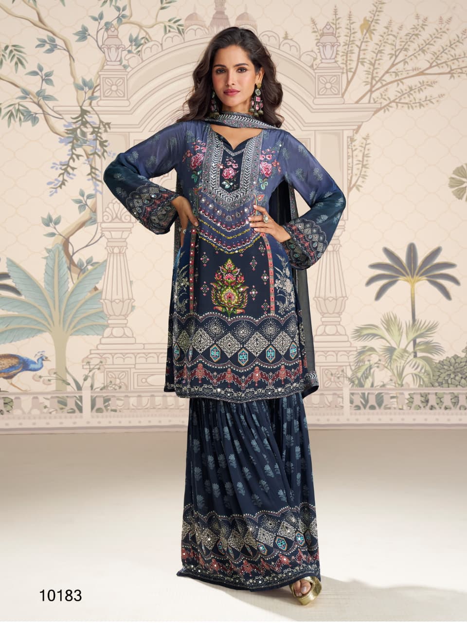 Aarshi Fashions navy Blue Heavy Crepe Digital Print Full Stitched Palazzo Suits