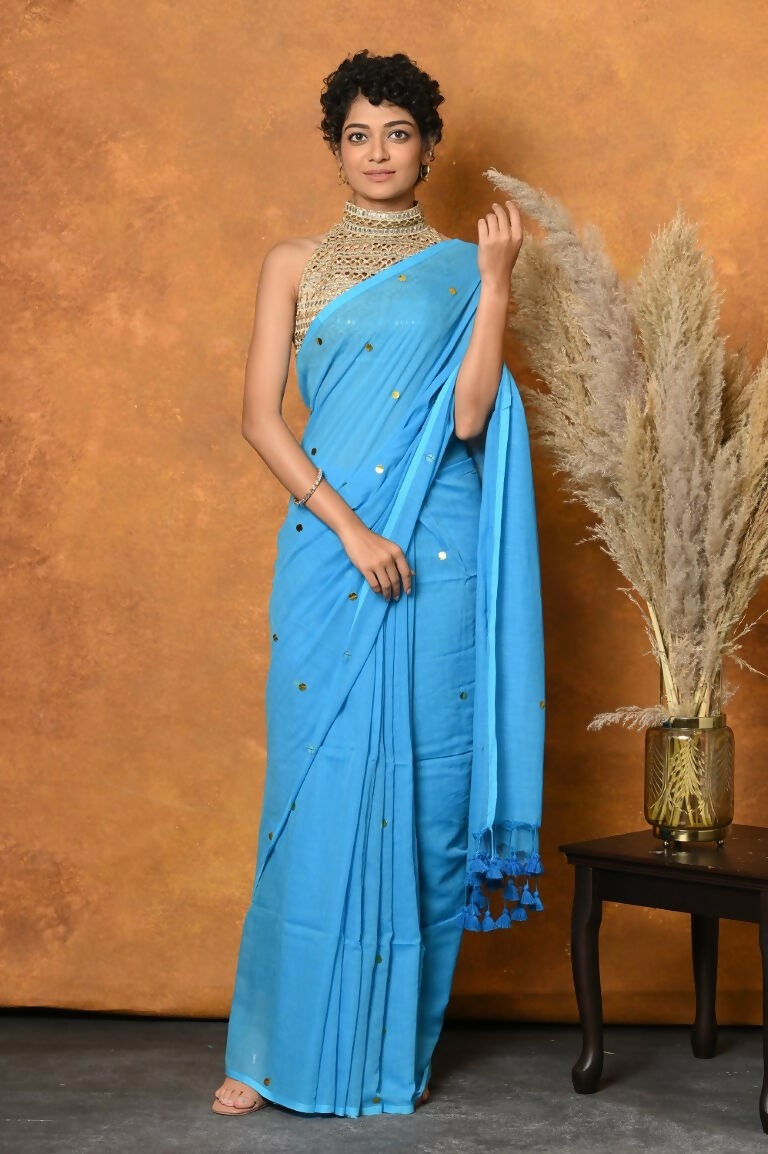 Very Much Indian Pure Mul Cotton Handloom Saree - Sky Blue | Swadesiicart