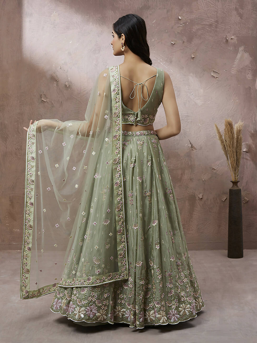 House of Panchhi Lime Green Pure Georgette Sequins with heavy Zarkan embroidery Lehenga choli & Dupatta | Swadesiicart