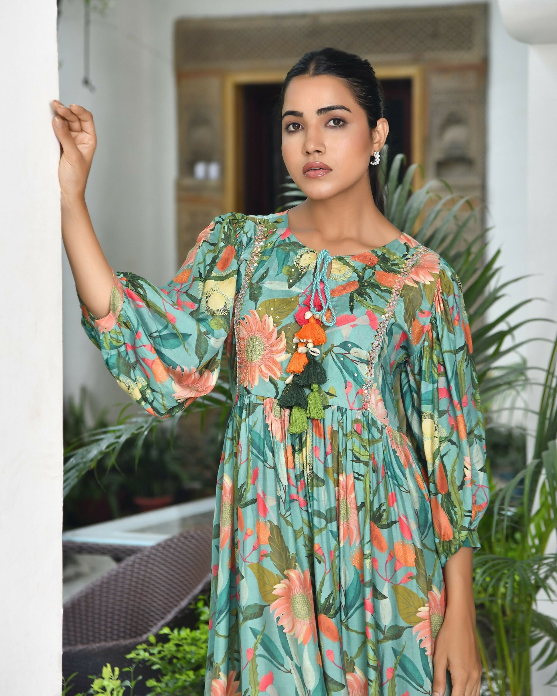 Vaasva Women's Teal Musline Viscose Digital Printed Dress | Swadesiicart