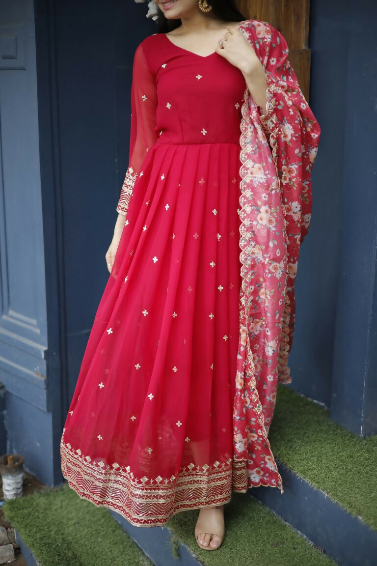 Jyoti Fashion Women's Red Faux Blooming Sequins with Zari Embroidery Anarkali Dress with Dupatta | Swadesiicart