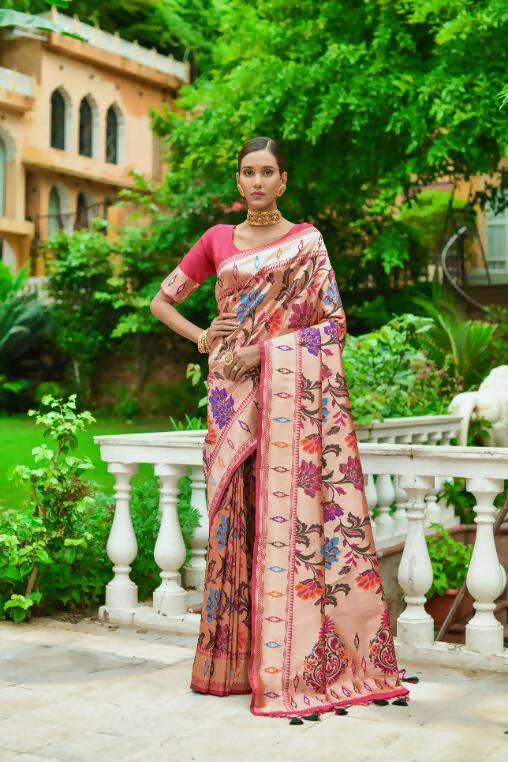 Vishnu Weaves Women's Gajri Paithani Silk Zari Woven Saree with Unstitched Blouse - Swadesiicart