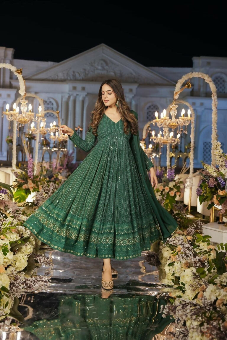 Jyoti Fashion Women's Green Faux Georgette Zari Embroidery with Sequence Anarkali Dress with Dupatta | Swadesiicart