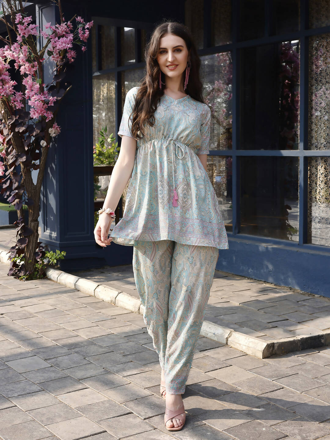 Sky Blue Rayon Paisley & Floral Printed Top with Matching Bottom - Eesha - Swadesiicart
