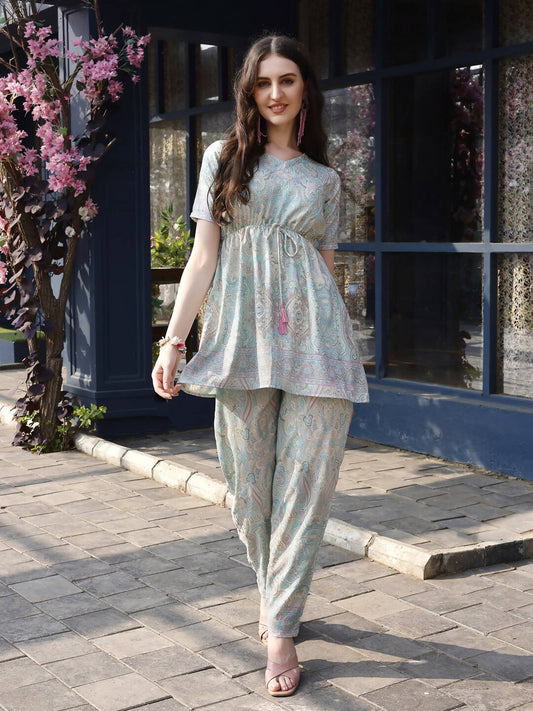 Sky Blue Rayon Paisley & Floral Printed Top with Matching Bottom - Eesha - Swadesiicart