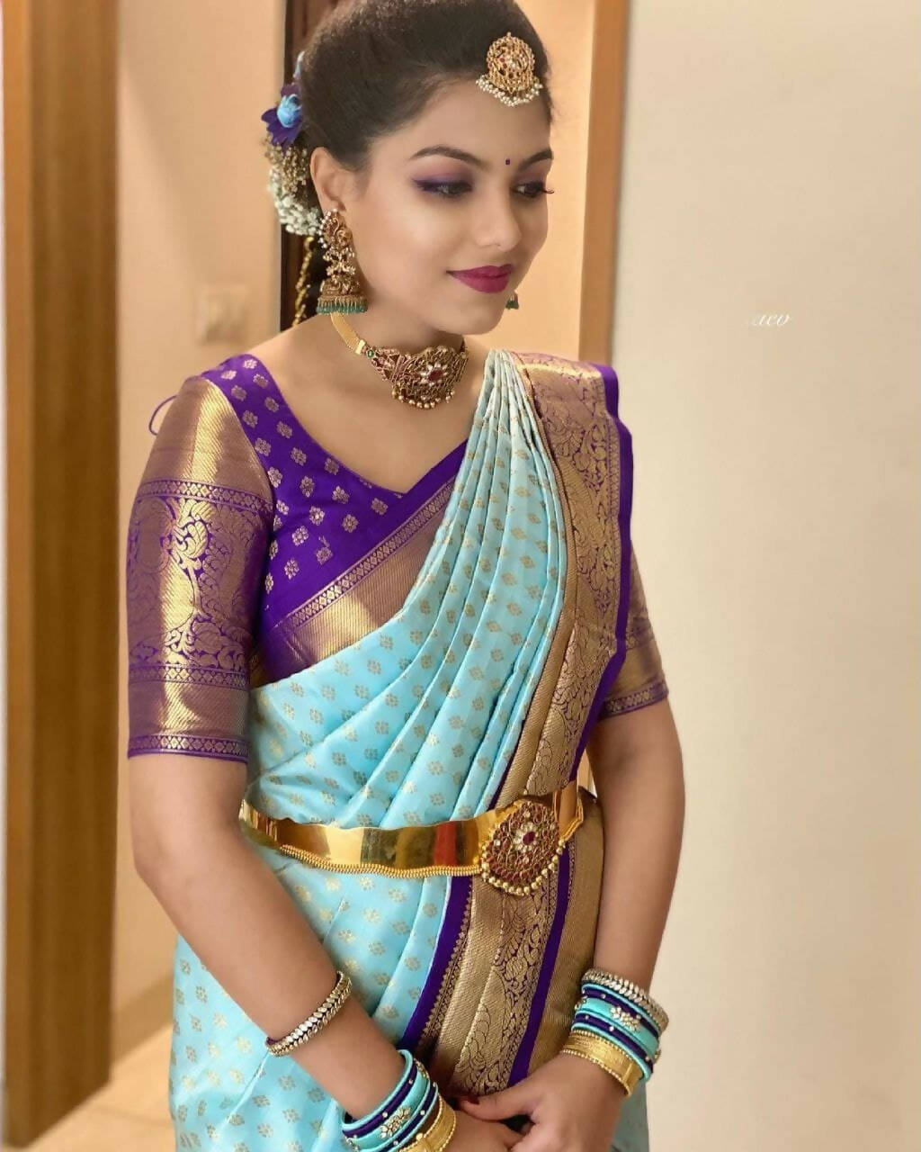 DEIANA'S Beautiful Designer Golden zari Soft Lichi Silk Saree - Sky - Swadesiicart