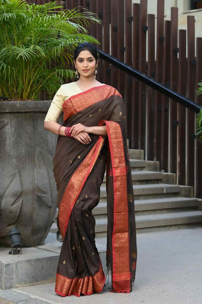 Beatitude Brown Cotton Banarasi Saree | Swadesiicart