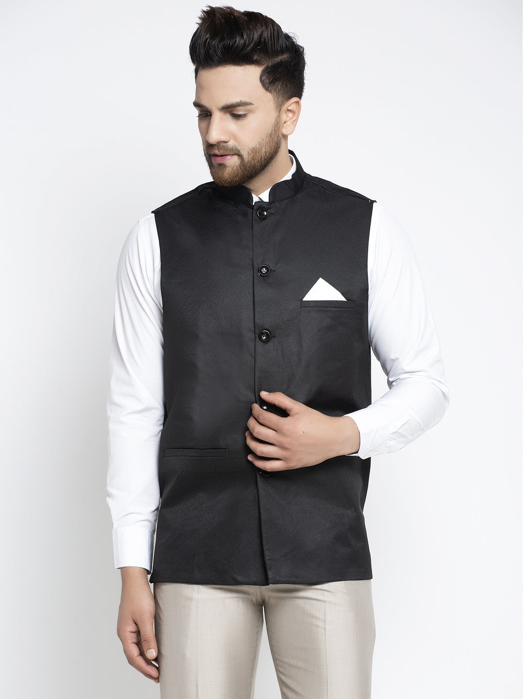 Jompers Men's Black Solid Nehru Jacket | Swadesiicart