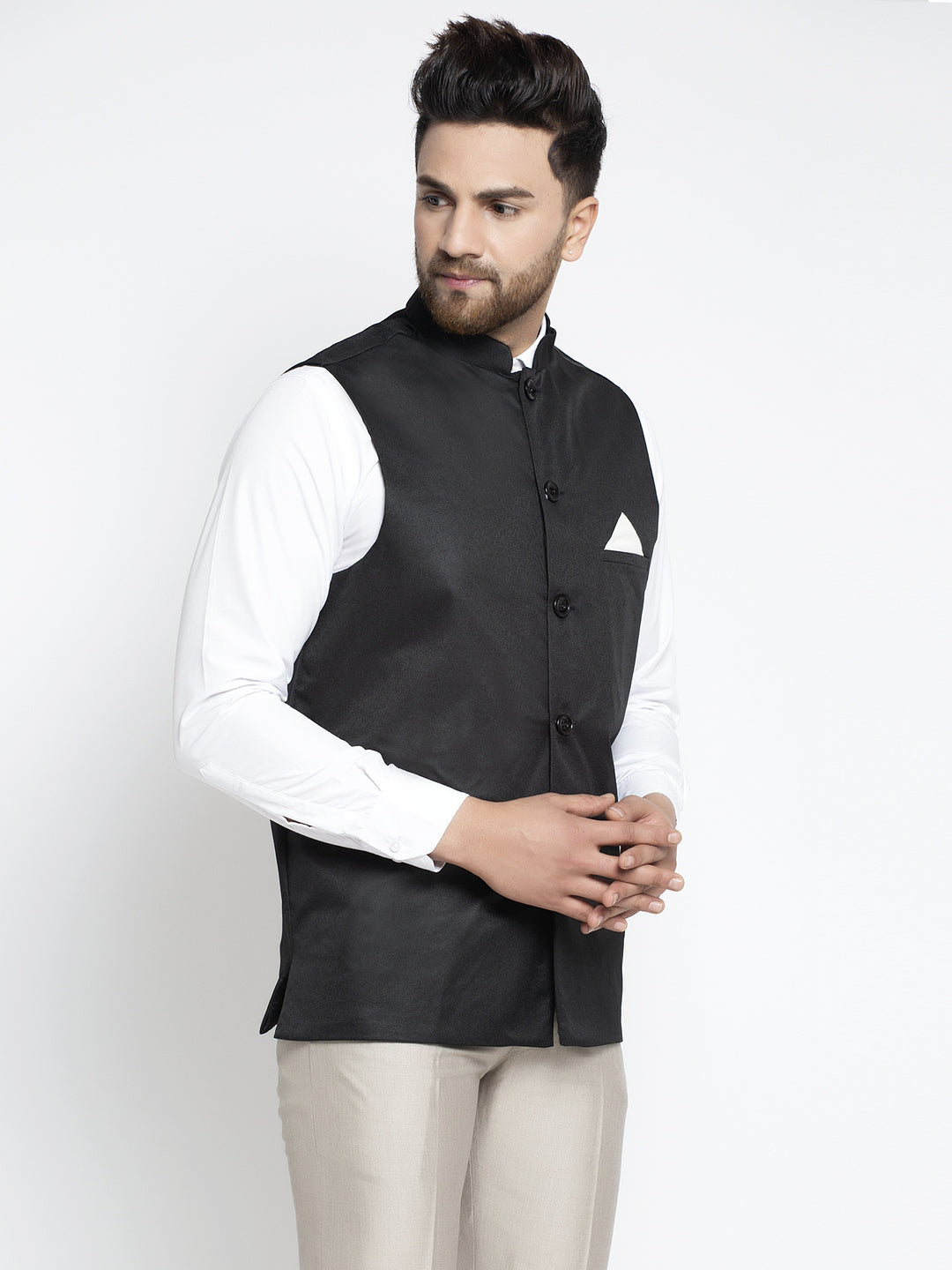 Jompers Men's Black Solid Nehru Jacket | Swadesiicart