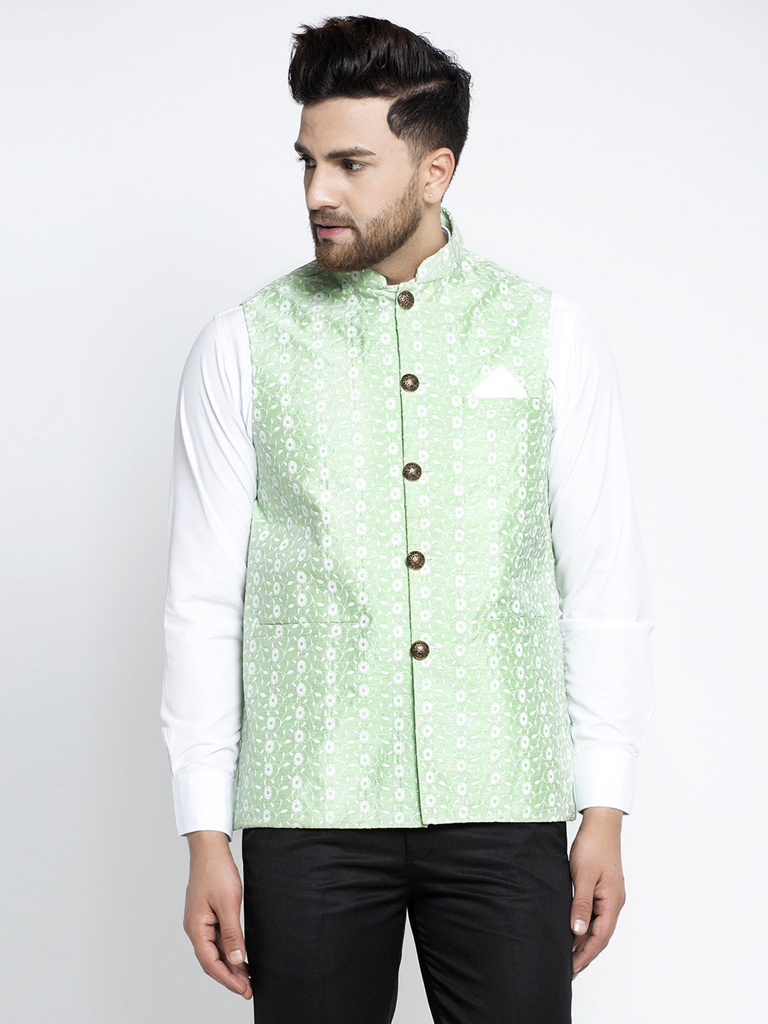 Jompers Men Green Embroidered Nehru Jacket | Swadesiicart