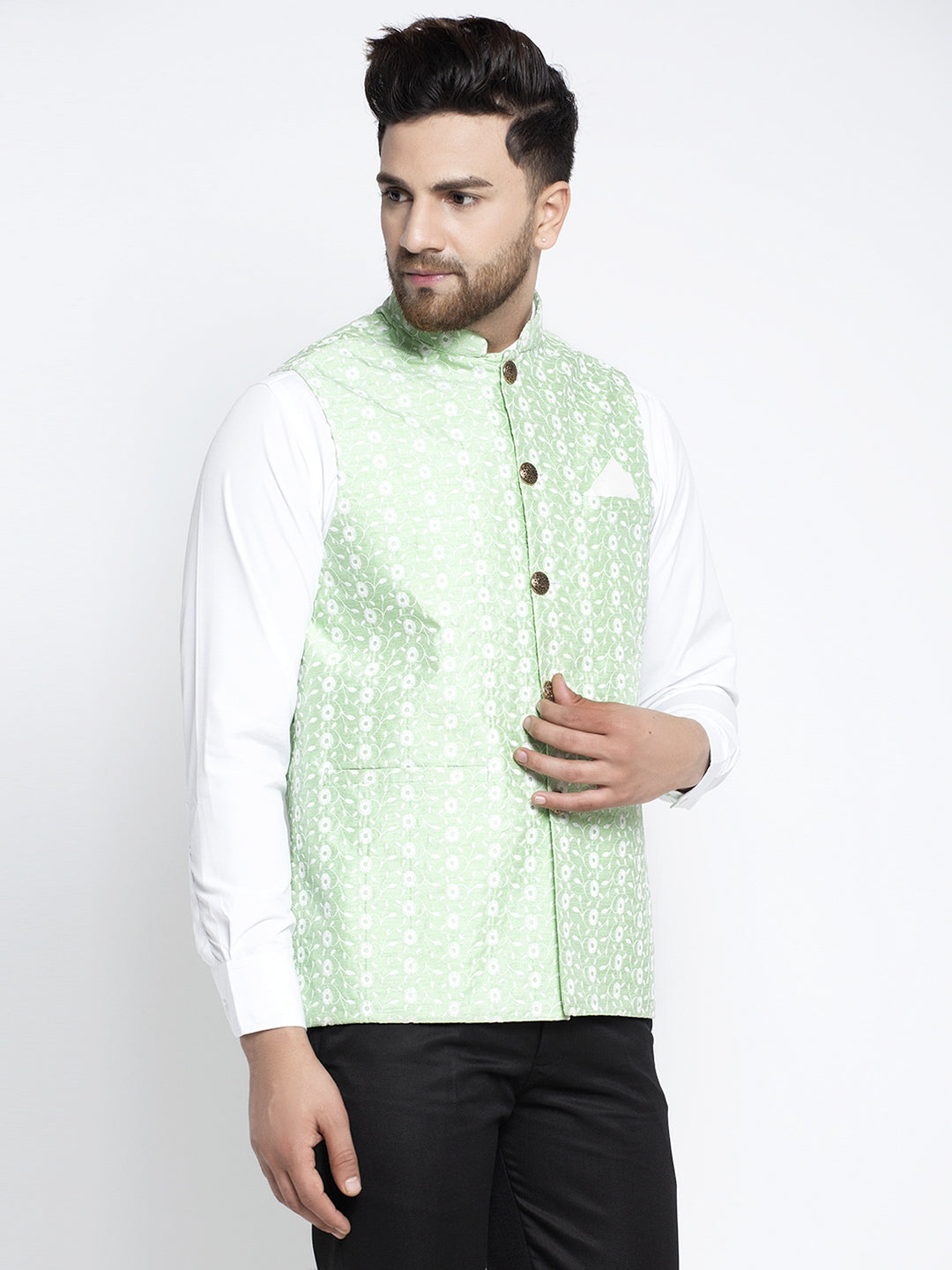 Jompers Men Green Embroidered Nehru Jacket | Swadesiicart