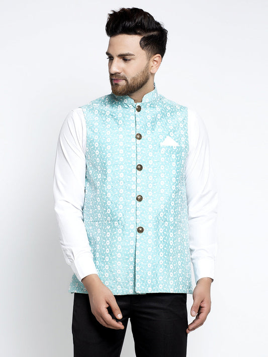 Jompers Men Beautiful Blue Embroidered Nehru Jacket | Swadesiicart
