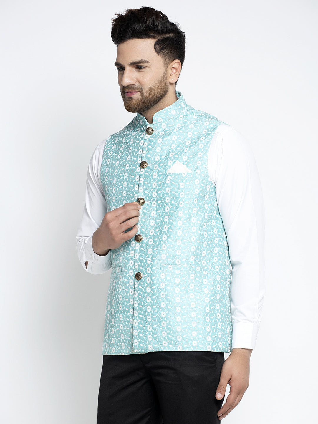Jompers Men Beautiful Blue Embroidered Nehru Jacket | Swadesiicart