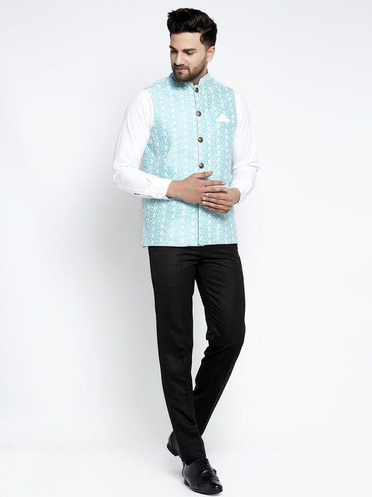 Jompers Men Beautiful Blue Embroidered Nehru Jacket | Swadesiicart