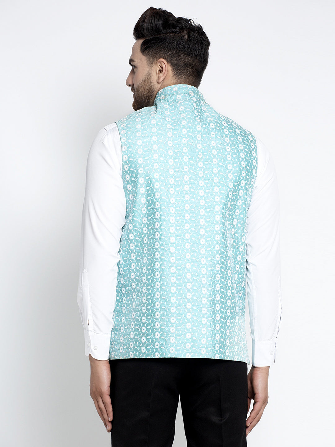 Jompers Men Beautiful Blue Embroidered Nehru Jacket | Swadesiicart