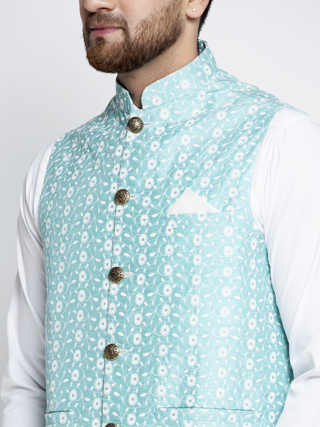 Jompers Men Beautiful Blue Embroidered Nehru Jacket | Swadesiicart