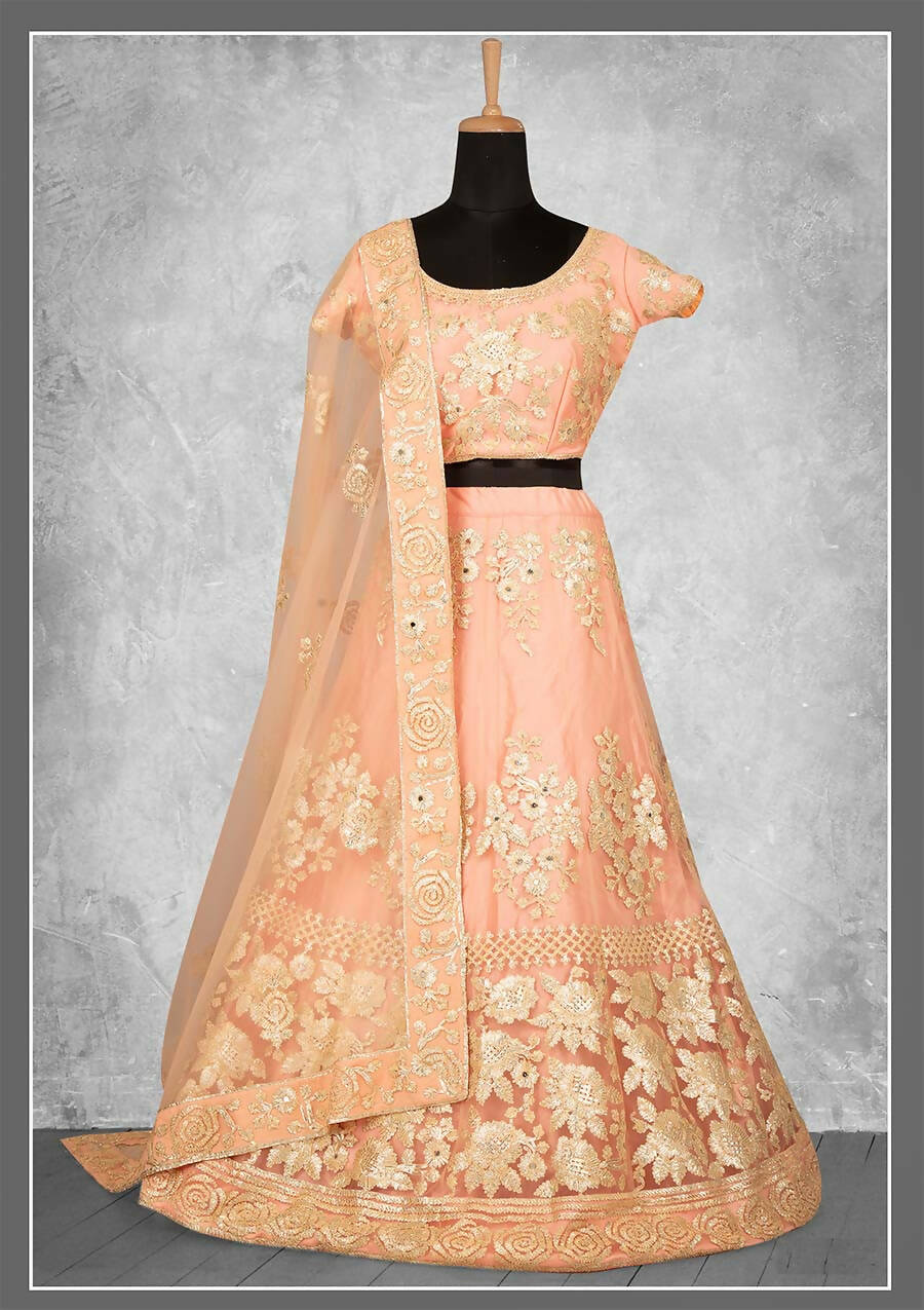 Light Orange Net, Satin Silk Cord And Floral Embroidery Semi-Stitched Lehenga Choli - Nimaya Kangan | Swadesiicart