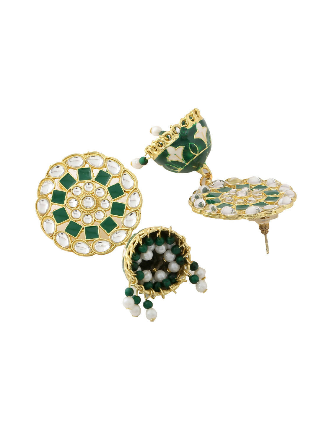 NVR Women Gold-Polished Green Dome Shaped Meenkari Jhumkas Earrings | Swadesiicart