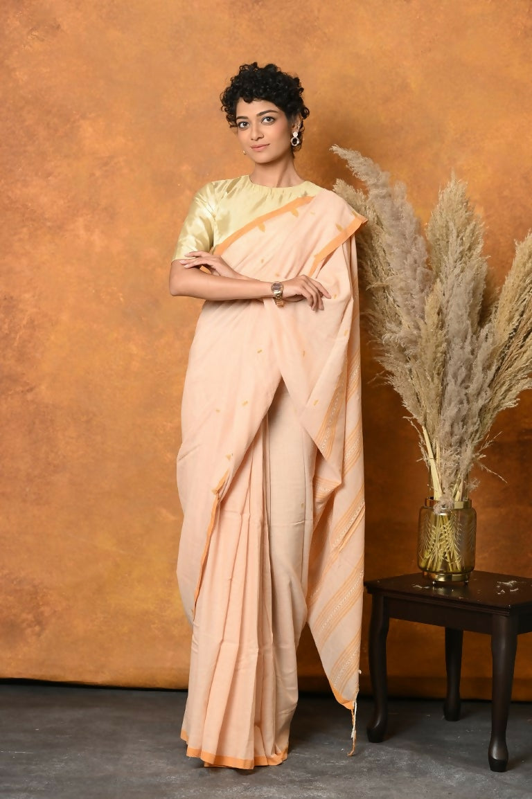 Very Much Indian Handloom Pure Cotton Saree With Sleek Border - Light Peach | Swadesiicart