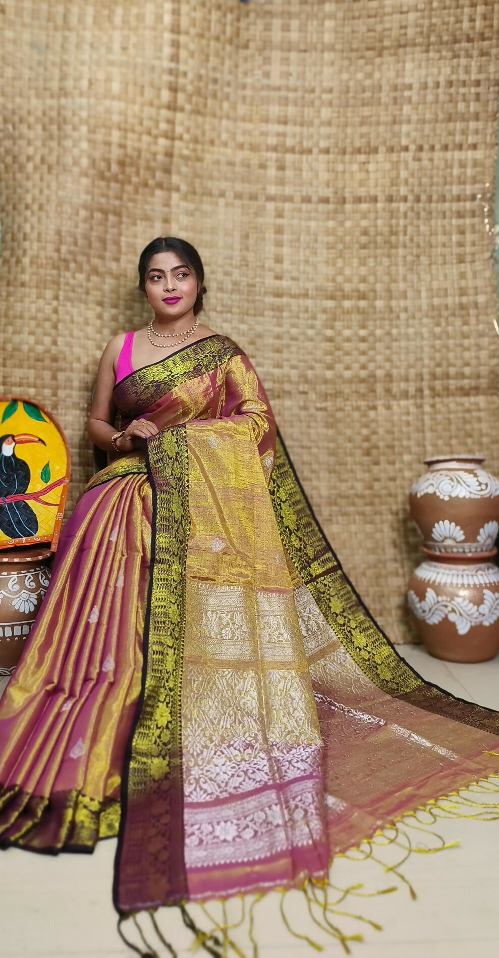 Exclusive Collection Golden Red Beautiful Tissue Benarasi Saree - Swadesiicart