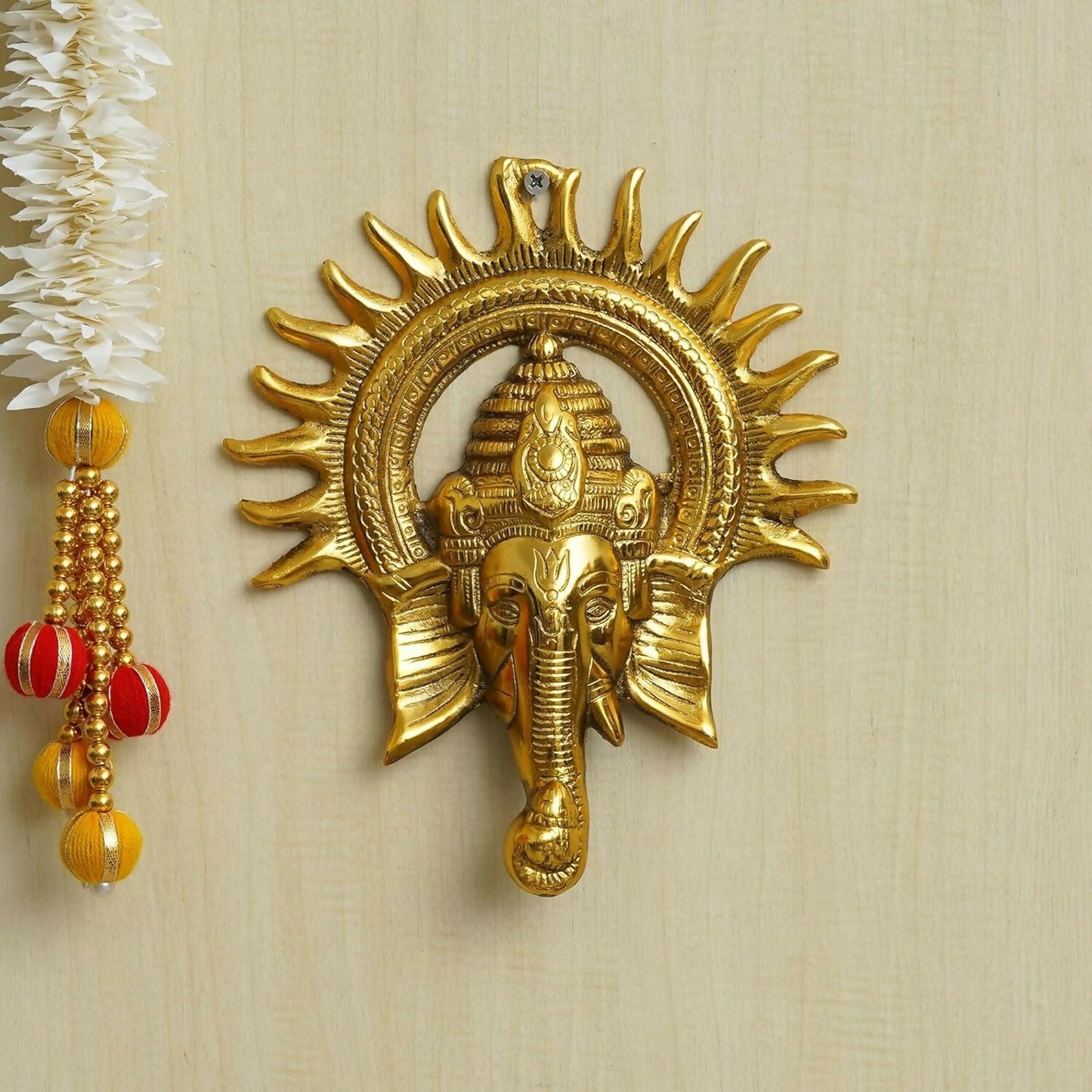 eCraftIndia Golden Lord Ganesha With Sun Decorative Metal Wall Hanging - Swadesiicart