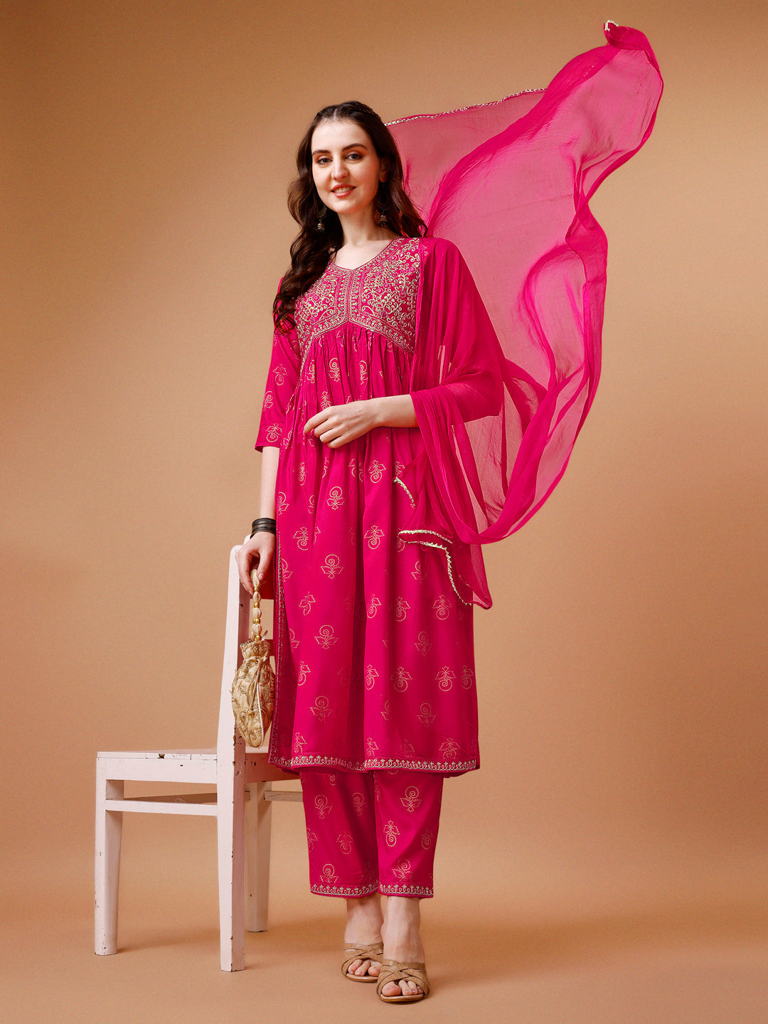 Alia Cut Embroidered & Printed Kurta With Pant & Dupatta, Multicolor - Hiral Fashion