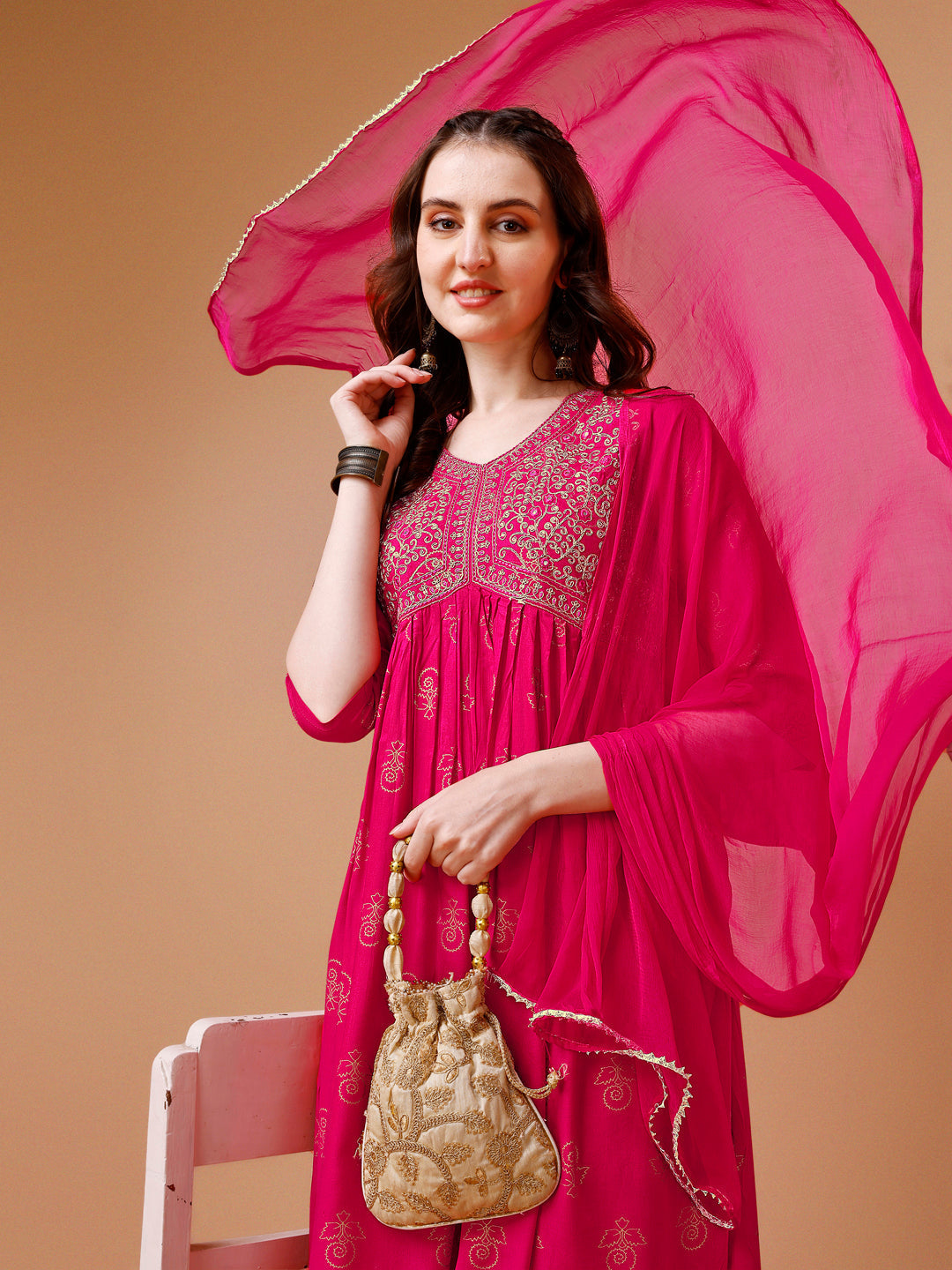 Alia Cut Embroidered & Printed Kurta With Pant & Dupatta, Multicolor - Hiral Fashion