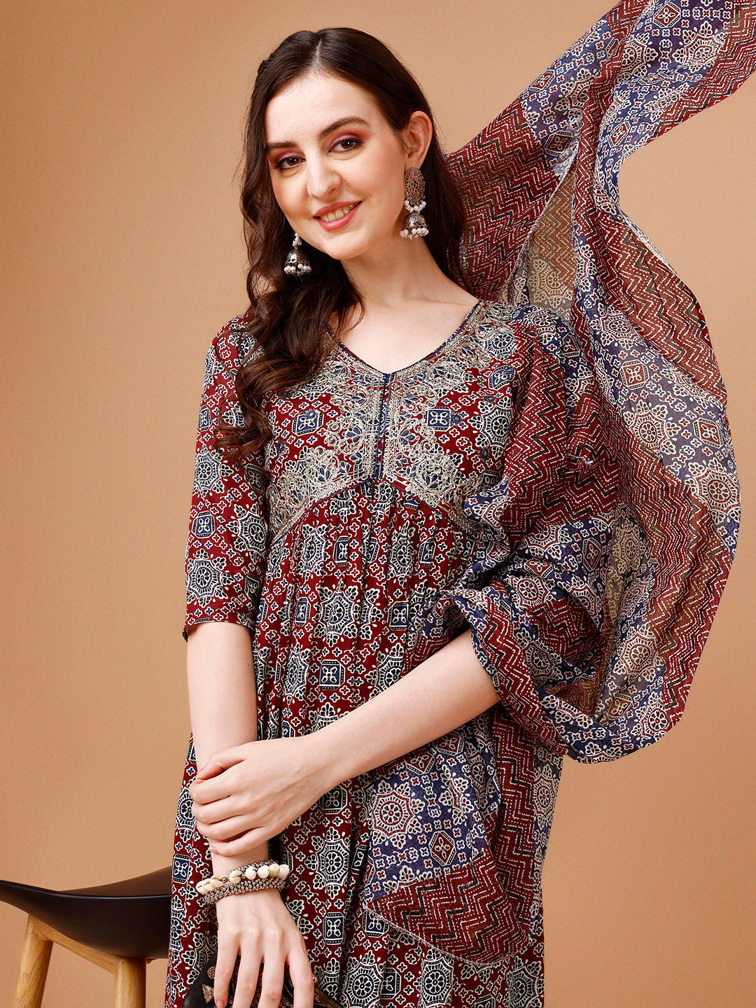 Alia Cut Embroidered & Printed Kurta With Pant & Dupatta, Multicolor - Hiral Fashion
