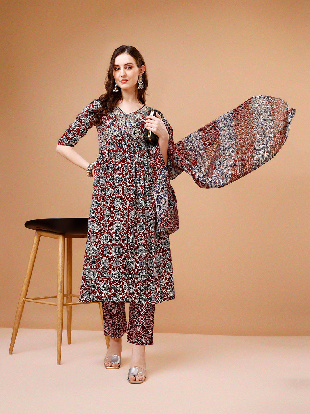 Alia Cut Embroidered & Printed Kurta With Pant & Dupatta, Multicolor - Hiral Fashion