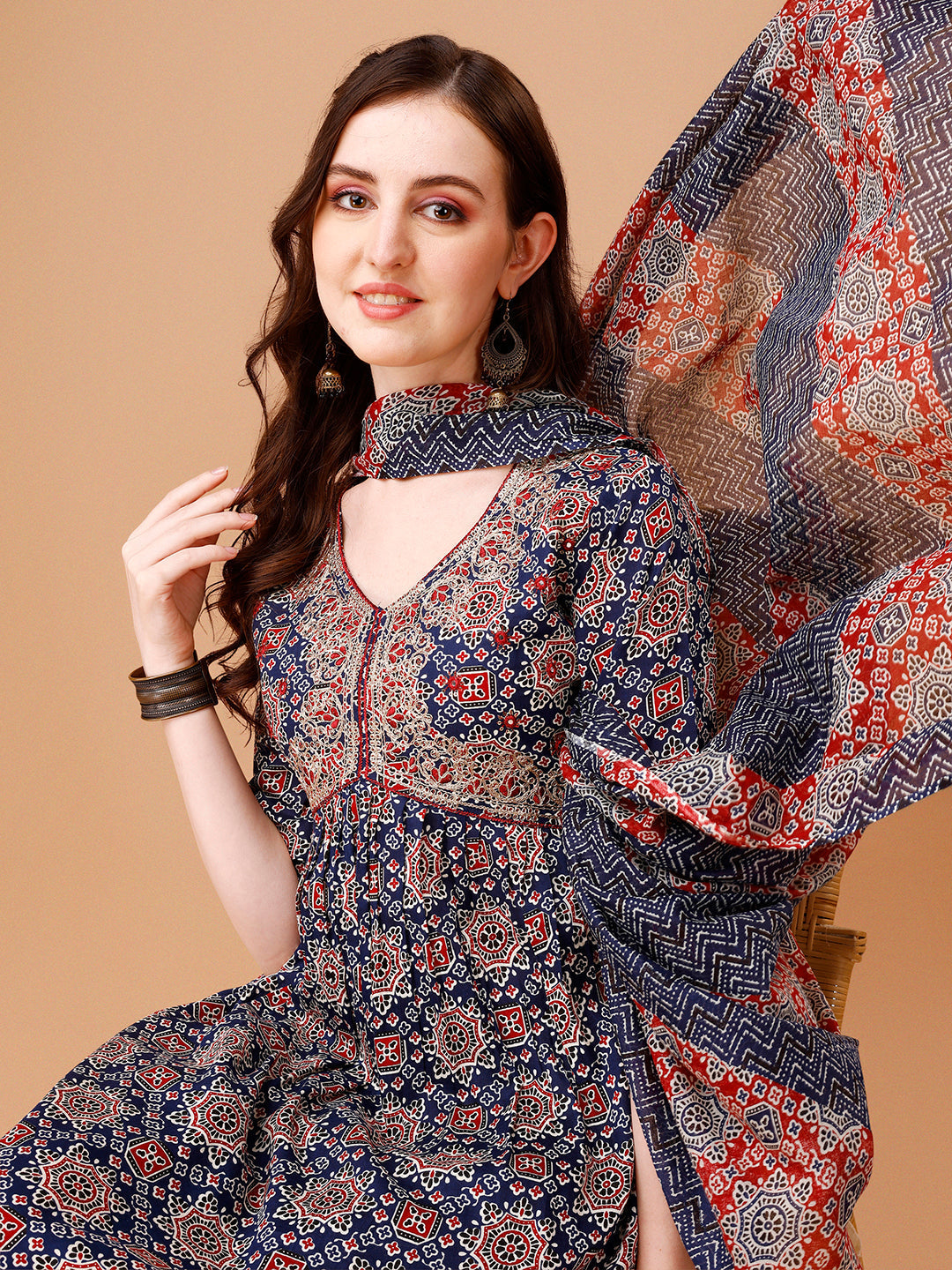 Alia Cut Embroidered & Printed Kurta With Pant & Dupatta, Multicolor - Hiral Fashion