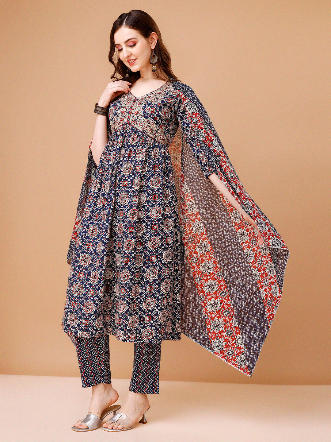 Alia Cut Embroidered & Printed Kurta With Pant & Dupatta, Multicolor - Hiral Fashion