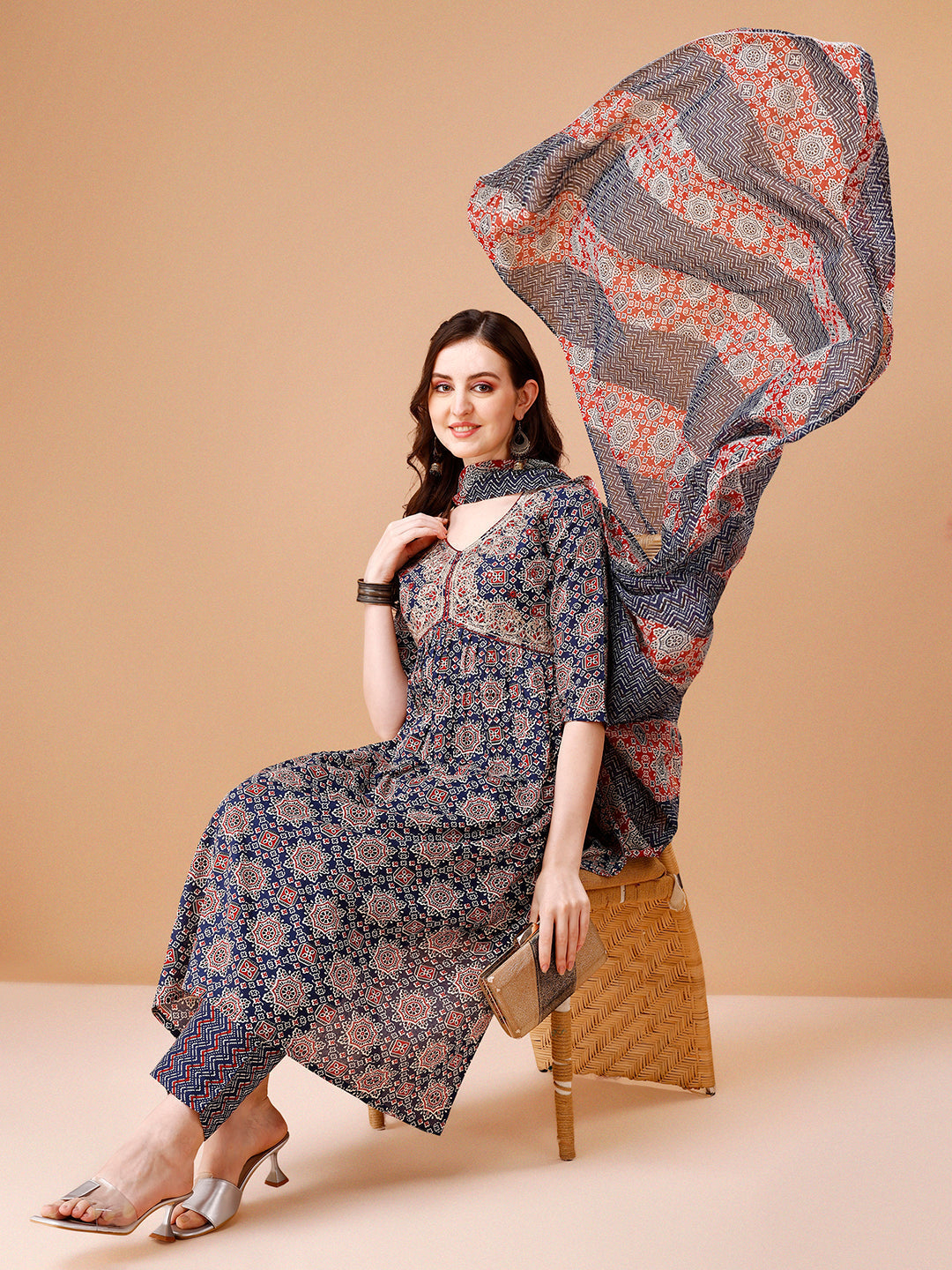 Alia Cut Embroidered & Printed Kurta With Pant & Dupatta, Multicolor - Hiral Fashion