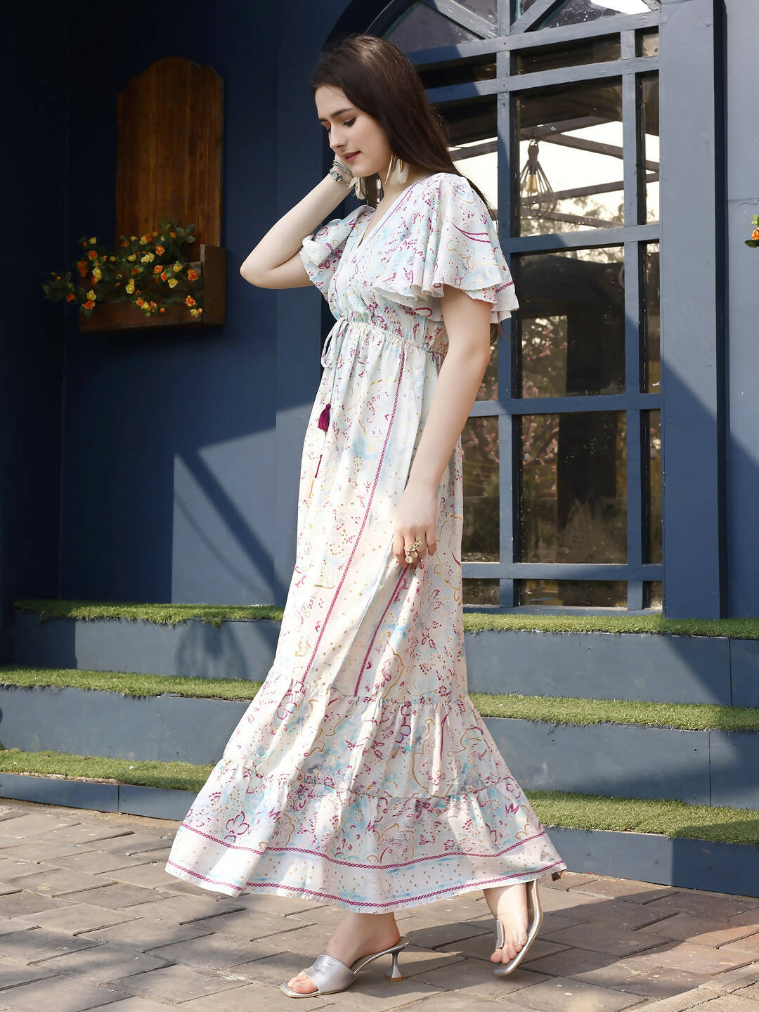 Off white Rayon Foil Printed Long Dress - Michan | Swadesiicart