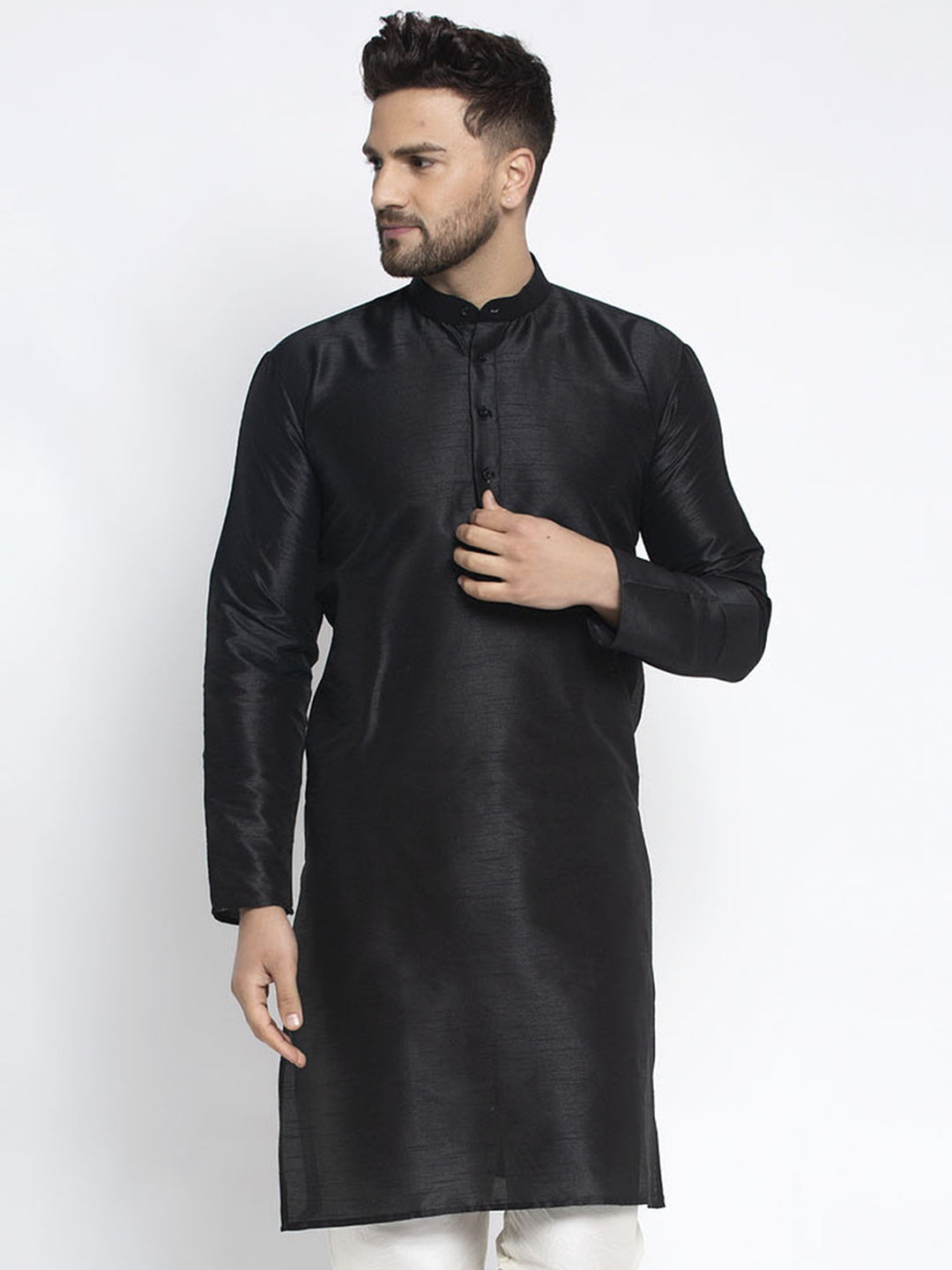Jompers Men's Black Solid Dupion Silk Kurta Only | Swadesiicart