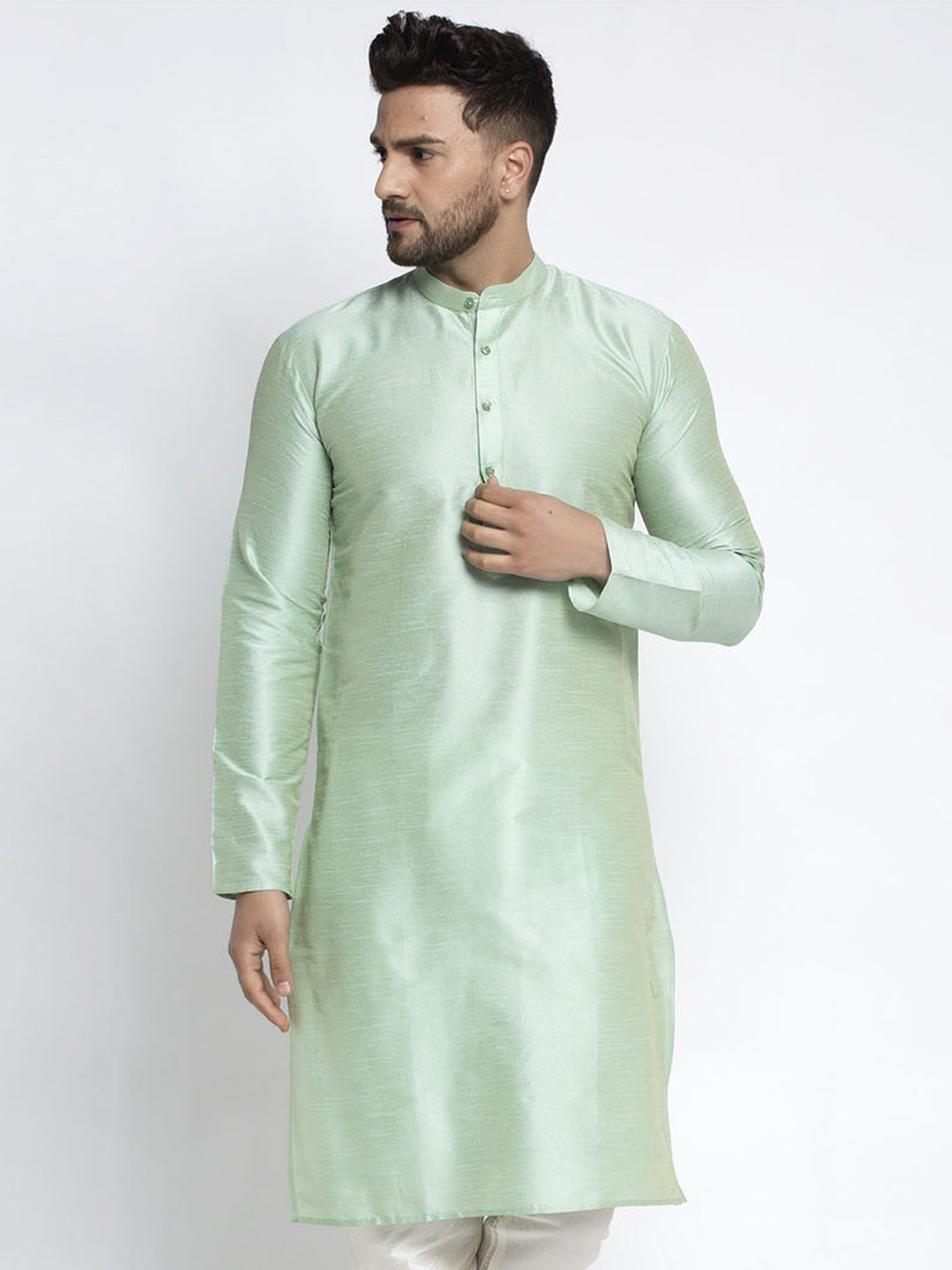 Jompers Men's Green Solid Dupion Silk Kurta Only | Swadesiicart