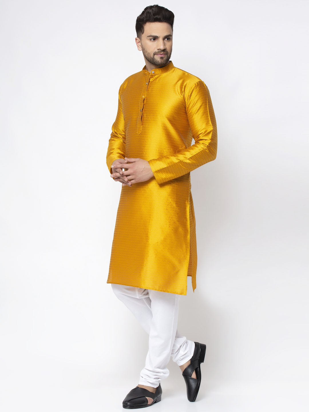 Jompers Men Yellow & White Woven Design Kurta Only | Swadesiicart