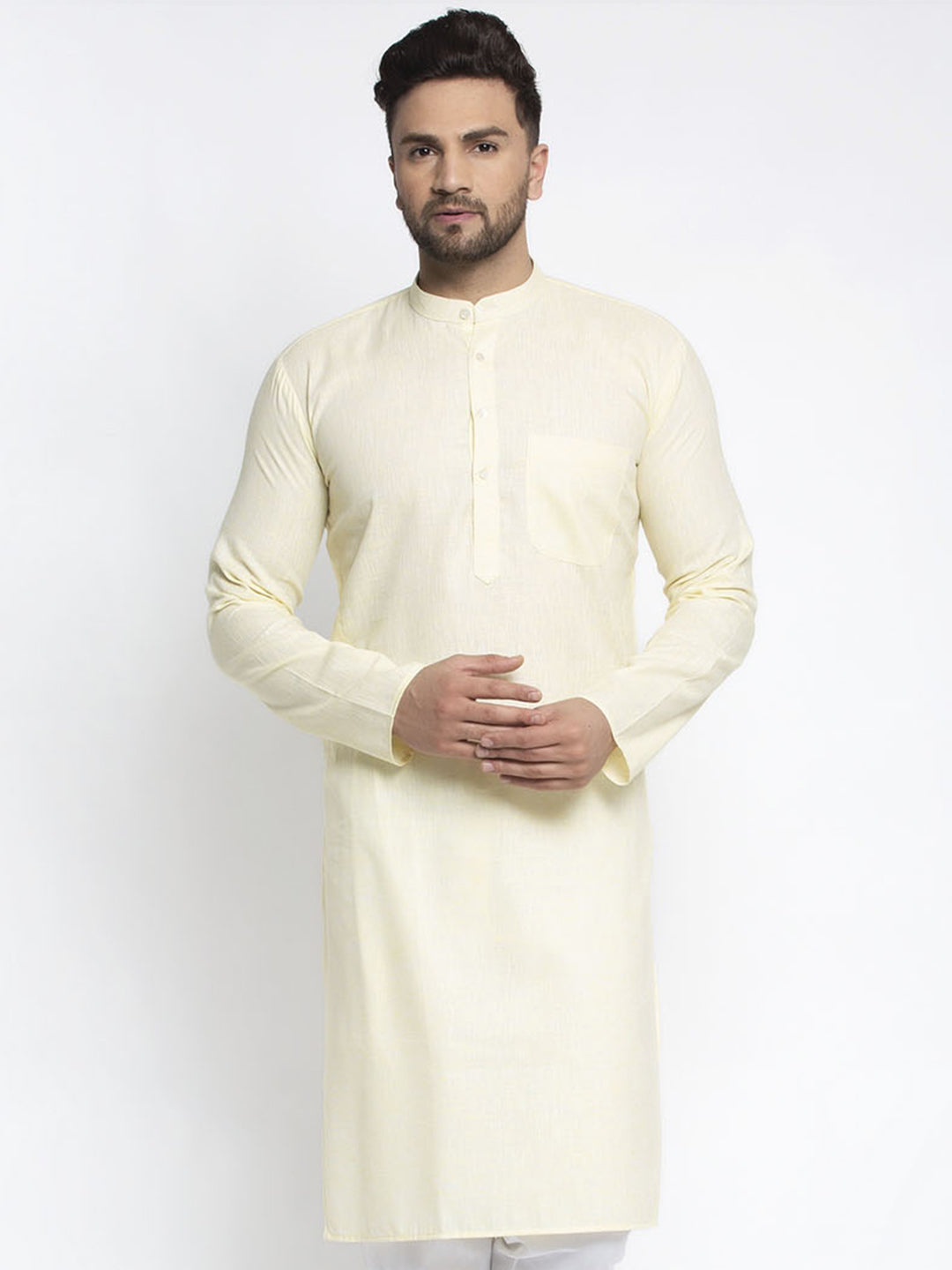 Jompers Men Lemon Yellow & White Self Design Kurta Only | Swadesiicart