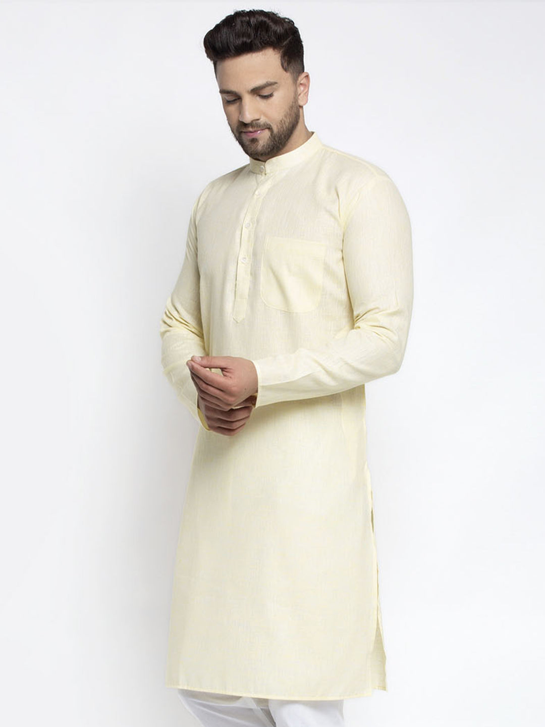 Jompers Men Lemon Yellow & White Self Design Kurta Only | Swadesiicart