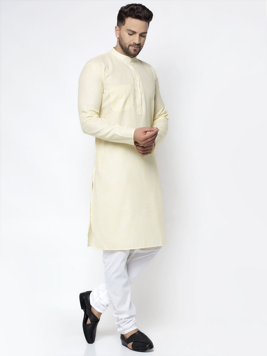 Jompers Men Lemon Yellow & White Self Design Kurta Only | Swadesiicart