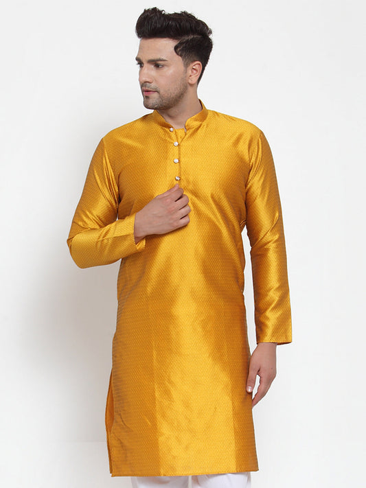 Jompers Men's Yellow Jacquard Kurta Only | Swadesiicart