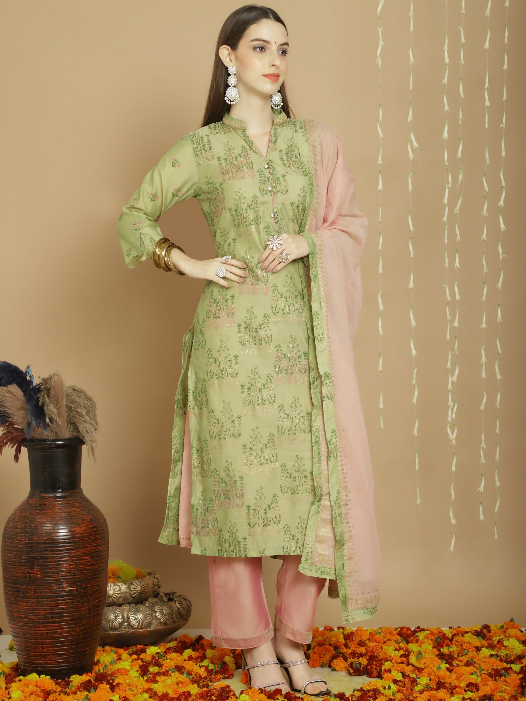 Jyoti Fashion Women's Green Chanderi Silk Elegant Jardoshi Semi Kurta with Trouser & Dupatta | Swadesiicart