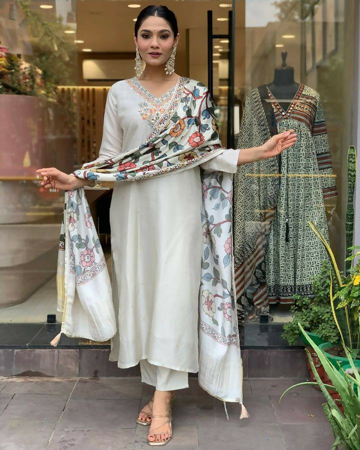 The52 Off White Women's Gorgeous Embroidered Viscose Chanderi Fabric Straight Kurta Pant with Dupatta Set - Swadesiicart